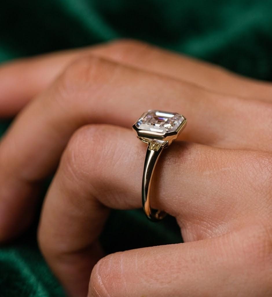 Asscher Cut Moissanite Engagement Ring in 14k Yellow Gold, Bezel Set ...