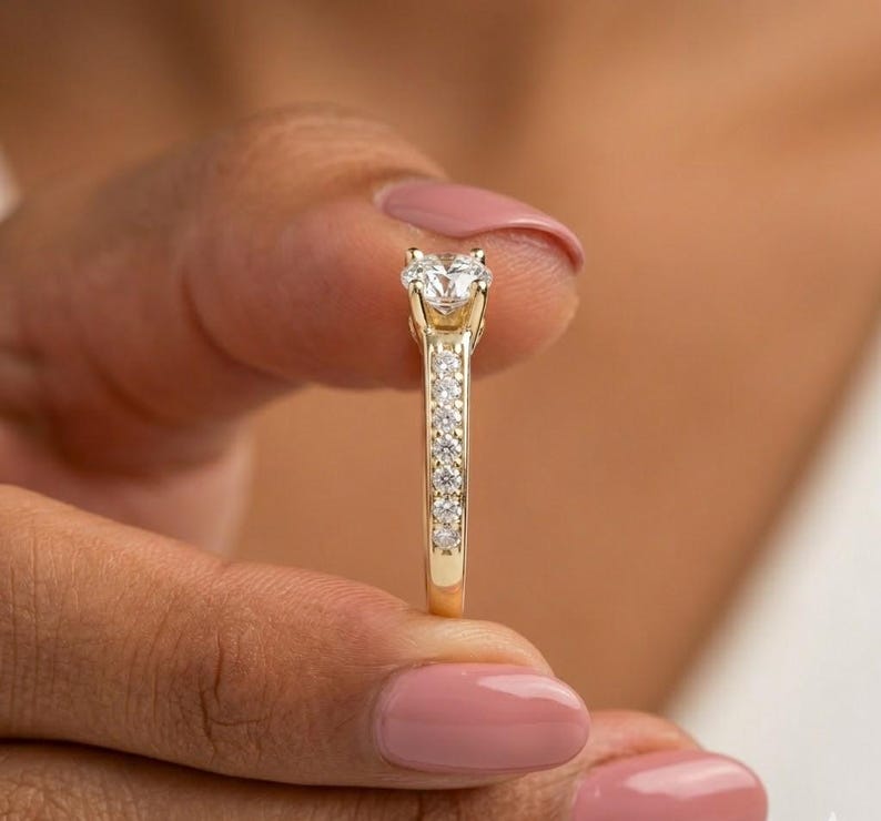 Yellow Gold Solitaire Engagement Ring Round Cathedral Pave, Pave ...