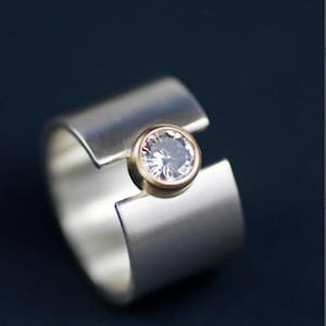 Two Tone Sterling Silver and 14K Gold Bezel Wedding Band, Wide Matte Silver Ring, Round Moissanite Split Band, Minimalist Statement Ring