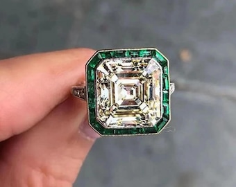 Pierścionek zaręczynowy w stylu art déco z białego złota w szlifie Asscher, pierścionek koktajlowy z szmaragdowo-zieloną aureolą, kwadratowy pierścionek rocznicowy ze szlifem szmaragdowym, styl vintage Gatsby