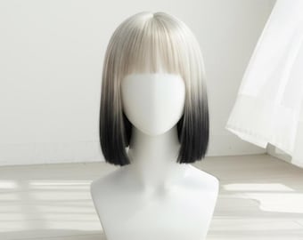 Ombre Platinum to Black Bob Wig | Straight Bangs, Cosplay Style, Modern Wig for Woman