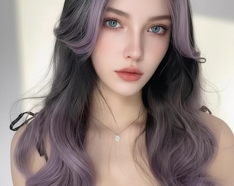 Lange gewellte lila Ombre Perücke schwarz bis lila Haare 76 cm Hitzebeständige synthetische Perücke Rose Netzkappe Cosplay Perücke Fantasy Perücke