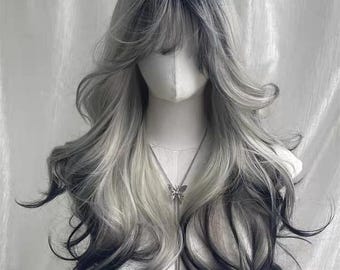 Schwarz bis silbergraue Ombre-Perücke, lange Anime Wasserwelle Lace Front Haar mit Pony, Gothic Fantasy Cosplay Vollkappe für Frauen Kostüm