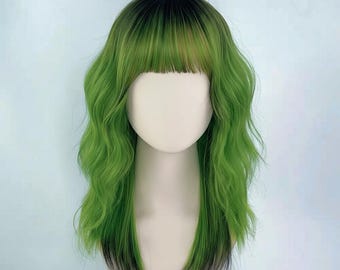 Kirschblüten-Ombre-Perücke, schwarze bis rosa gelockte Cosplay-Haare, Y2K Alt Fashion, grüne Cosplay-Perücken mit lockigen Enden, Geburtstagsgeschenk