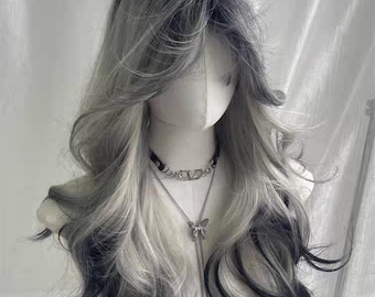 Zwart tot zilvergrijze ombre-pruik, lang anime-watergolf haar met kant aan de voorkant met pony, gothic-fantasy-cosplay volledig kapje voor dames en kostuum