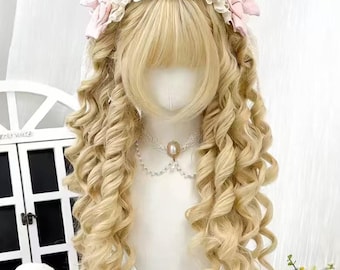 Lolita Platinblonde Römische Lockige Lange Perücke| Kappe mit Pony | Vintage Glamour-Locken | Cosplay Perücke Lange Lockige Perücke