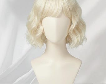 Weiße Kurze Bob-Perücke Flauschige Wolle Locken, Hitzebeständige Faser, Cosplay Alltagskleidung, Anime-Stil, Atmungsaktive Mütze (14 "), Blonde Kurze Lockige Perücke