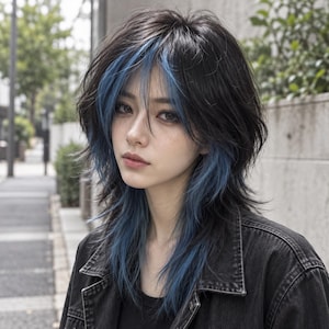 May include: A layered, shoulder-length hairstyle featuring dark black hair with prominent, vibrant blue highlights framing the face and extending through the ends. The hair is styled with a textured, shaggy cut and a soft, wispy fringe.