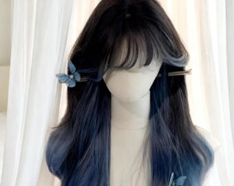 Blaue Ombre-Perücke, 65 cm langes gewelltes Anime-Haar mit blau-schwarzen Locken | Hitzebeständige Synthetische Perücke für Cosplay,tägliche Mode, Pflegestrick