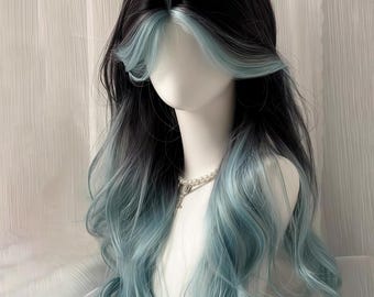 Verträumte Ocean Teal Balayage-Perücke, langes gewelltes Kunsthaar mit silbernen Highlights, natürlicher Look für Alltag und Party, komplettes Pflegeset