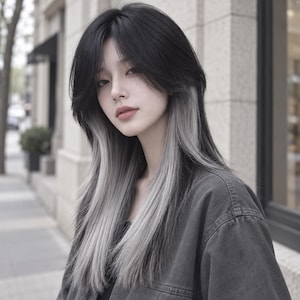 May include: A person with shoulder-length hair featuring a two-tone color style, with dark black hair on the top layer and light silver-grey hair on the bottom layer. The hair is styled with curtain bangs that frame the face, and they wear a dark grey jacket.