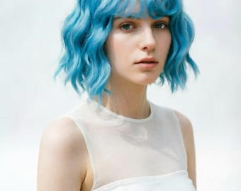 Kurze lockige Perücke, blaue Sommer-Strand-hitzesicheres synthetisches Haar, realistische Kopfhautkappe, justierbare Cosplay Perücke für Frauen