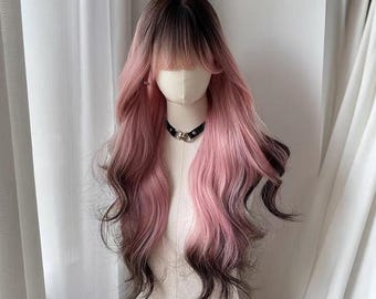Lange Schwarz Rosa Balayage-Perücke | Y2K Motive Haar mit Wellen | Hitzebeständige synthetische Lace Front Perücke für Cosplay & Alternative Mode