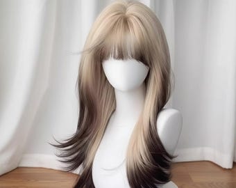 Siamkatzen-Ombre-Perücke, Platin zu Schwarz, Cosplay tägliche Kleidung, Perücken für Mädchen, natürlich aussehende Spitzenperücke