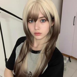 Könnte beinhalten: Eine Frau mit einer blonden und braunen Ombre-Perücke mit Pony. Die Perücke hat lange Stufen. Sie trägt ein grau-schwarzes Baseball-Shirt. Die Frau hat blaue Augen.
