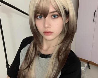 Siamkatze Balayage lange gerade Perücke, Platin bis schwarze Ombre-Haar mit realistischem Teil, Anime Cosplay tägliche Kleidung, natürlich aussehende Perücke