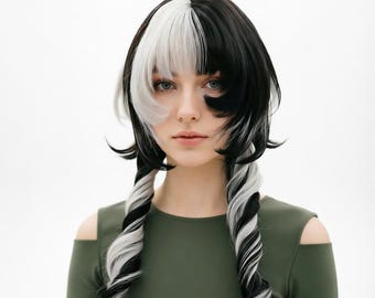 Gothic Mermaid Lange Geschichtete Perücken für Frauen, Schwarz Weiß Ombre Rave Cosplay Perücke, Natürliche Synthetische hitzebeständige Faser