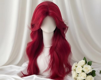 Schlanke Marvel Red Lace Front Perücke hitzebeständige synthetische Cosplay Haar für Frauen, lange gewellte Perücke mit vorgezupftem Haaransatz und Mittelteil