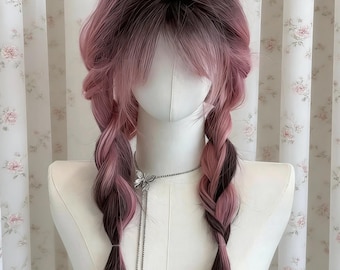 Pink und Schwarz Ombre Gerade Perücke | 68 cm langes Cosplay Haar mit Spitzenfront | Anime Farbverlauf Voll Perücke für Frauen, Glamouröse Alltag