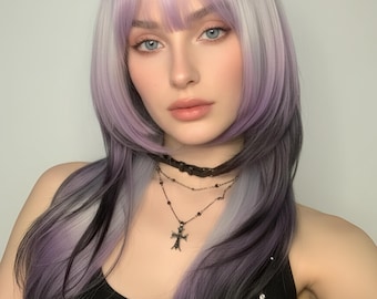 Verzauberte Galaxy Perücke, langes blaues bis lilases Ombre mit silbernen Sternen-Highlights, vorgestylte Fantasy Cosplay Haare mit verstellbarer Spitzenkappe