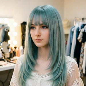 May include: A person with long, layered, teal-colored hair with bangs. The person is wearing a white lace top. The background includes a lighted vanity mirror and clothing racks.