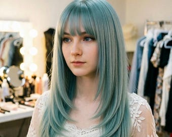 Eisblau Pastell lange gerade Perücke, Sommer geschichtete Kunsthaar für Frauen, natürlich aussehende Maschine Kopfhaut Perücke, süße Cosplay Voll Perücke