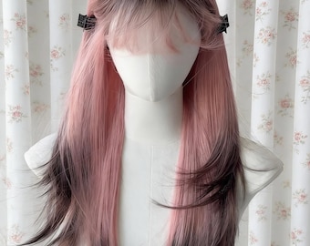 Rechte roze en zwarte ombre-pruik | 27 inch lang cosplayhaar met vetersluiting | Volledige pruik met anime-verloop voor dames, glamoureuze dagelijkse kleding