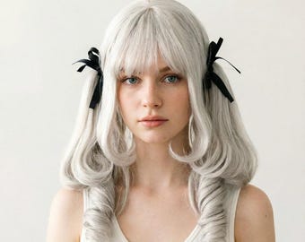 Weiß Lockige Doppel Pferdeschwanz Perücke, Lolita Jirai Kei flauschiger Haarteil, Kawaii Süß Cosplay Vollperücke, Anime Rollenspiel Synthetische Perücke für Frauen