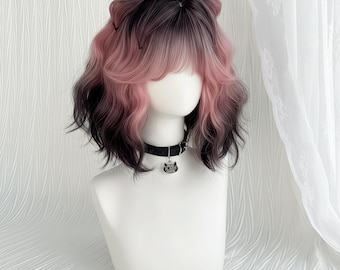 Volle Kappe kurze lockige Perücke, schwarze bis rosa kurze lockige Kunsthaarperücke, Siamkatze Cosplay, Lolita Fashion, hitzebeständige Perücke mit Pony
