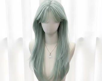 Matte Hochtemperatur-Synthetische Perücke Lange Gerade Perücke 60 cm Perücke Mintgrün Perücke Rose Mesh Cap Verstellbar Perücke für Cosplay Tägliche Perücke