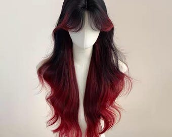 Strahlende Scarlet Ombre Lockige Perücke, Mittelteil Langes Kunsthaar mit Stumpfen Pony, Hitze Sichere Vollkappe & Premium Komplett Pflege Geschenk Set