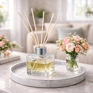 Puede incluir: Un difusor de aromaterapia de vidrio transparente con varillas de madera y un collar plateado, que contiene un líquido amarillo claro. Se encuentra sobre una bandeja de mármol, junto a un pequeño jarrón de rosas rosas. La escena es interior.