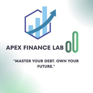 Puede incluir: El logotipo de Apex Finance Lab presenta un gráfico azul y blanco de un gráfico de barras ascendente con una flecha hacia arriba, dentro de un hexágono azul. También está presente el texto "APEX FINANCE LAB" y el lema "MASTER YOUR DEBT. OWN YOUR FUTURE."