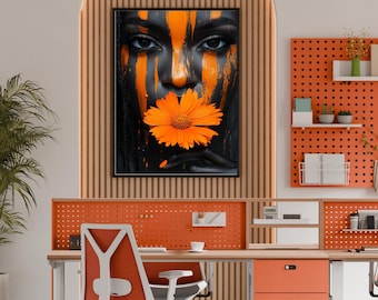 Afro Pop Art Orange Flower - Black Woman Wall Art - Afrocentric Digital Download