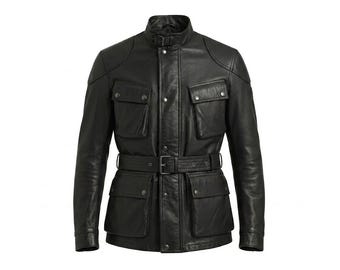 Chaqueta de cuero auténtica negra con cinturón para hombre, estilo militar, abrigo de cuero para motociclista Raxnor