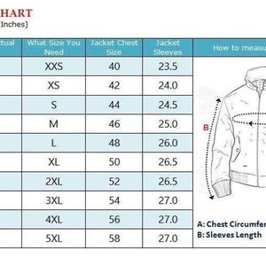 Puede incluir: Tabla de tallas de chaquetas para hombre, con medidas en pulgadas. La tabla incluye el tama&ntilde;o del pecho, la talla de la chaqueta y la longitud de las mangas, con un diagrama de medici&oacute;n.