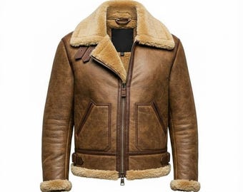 Chaqueta de aviador de piel de oveja marrón para hombre, estilo bomber de invierno B3