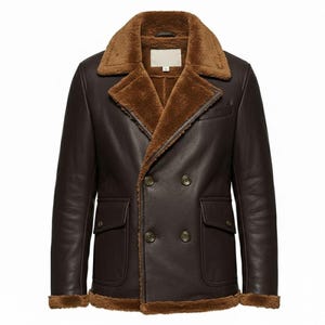 Men Dark Brown Shearling Peacoat Handmade Sheepskin Leather Jacket Winter Fur Collar Vintage