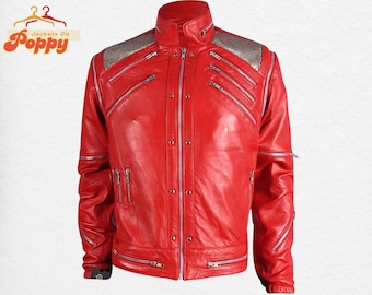 Premium Michael Jackson Beat It Jacket – Red Biker Style MJ Leather Costume for Men | Concert Cosplay