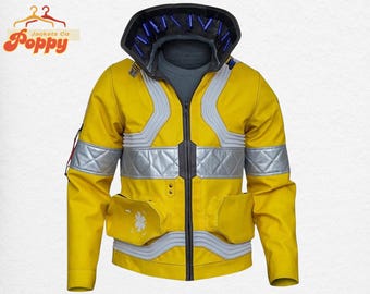 Chaqueta Edgerunners Premium: abrigo de cuero amarillo neón de David Martinez para cosplay, estilo anime de Halloween.