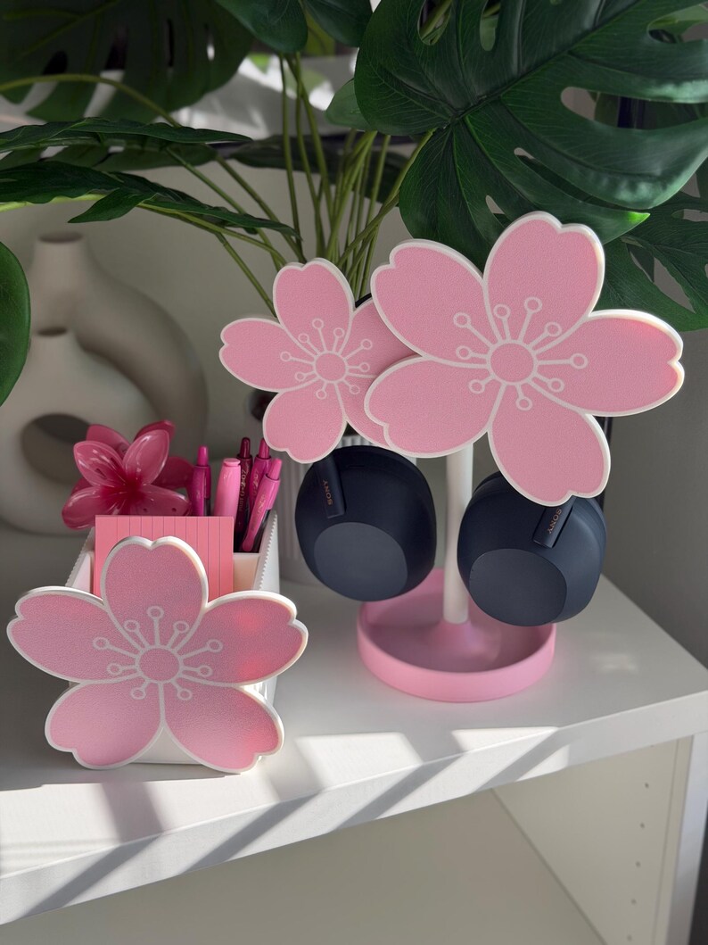 Cherry Blossom Sakura Headphone Stand | Floral Headphone Holder | Pink Desk Organizer | Aesthetic Gaming & Office Decor | 3D Printed Stand afbeelding 5