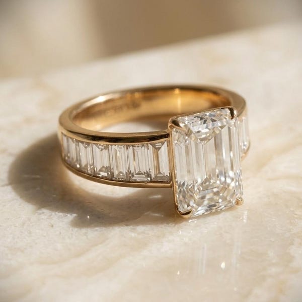 Emerald Cut Engagement Ring, Yellow Gold Baguette Diamond Wedding Band 14K Gold Anniversary Ring Art Deco Bridal Set Step Cut Ring For Women