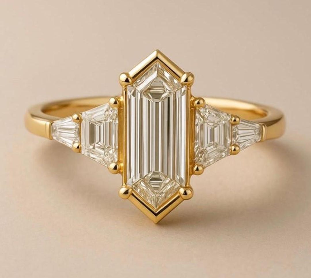 Hexagon Moissanite Engagement Ring Baguette Cut Three Stone Ring 14K hexagon-moissanite-engagement-ring-baguette-cut-three-stone-ring-14k