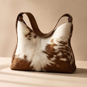 Puede incluir: Un bolso de hombro estilo hobo confeccionado en piel de vaca marrón y blanca con una textura natural de pelo. El bolso cuenta con una correa de cuero marrón liso que se conecta a las esquinas superiores, creando una silueta curva central.