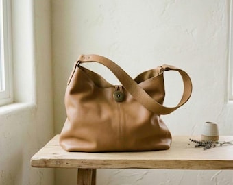 Handmade Tan Leather Hobo Bag, Genuine Cowhide Slouchy Shoulder Tote