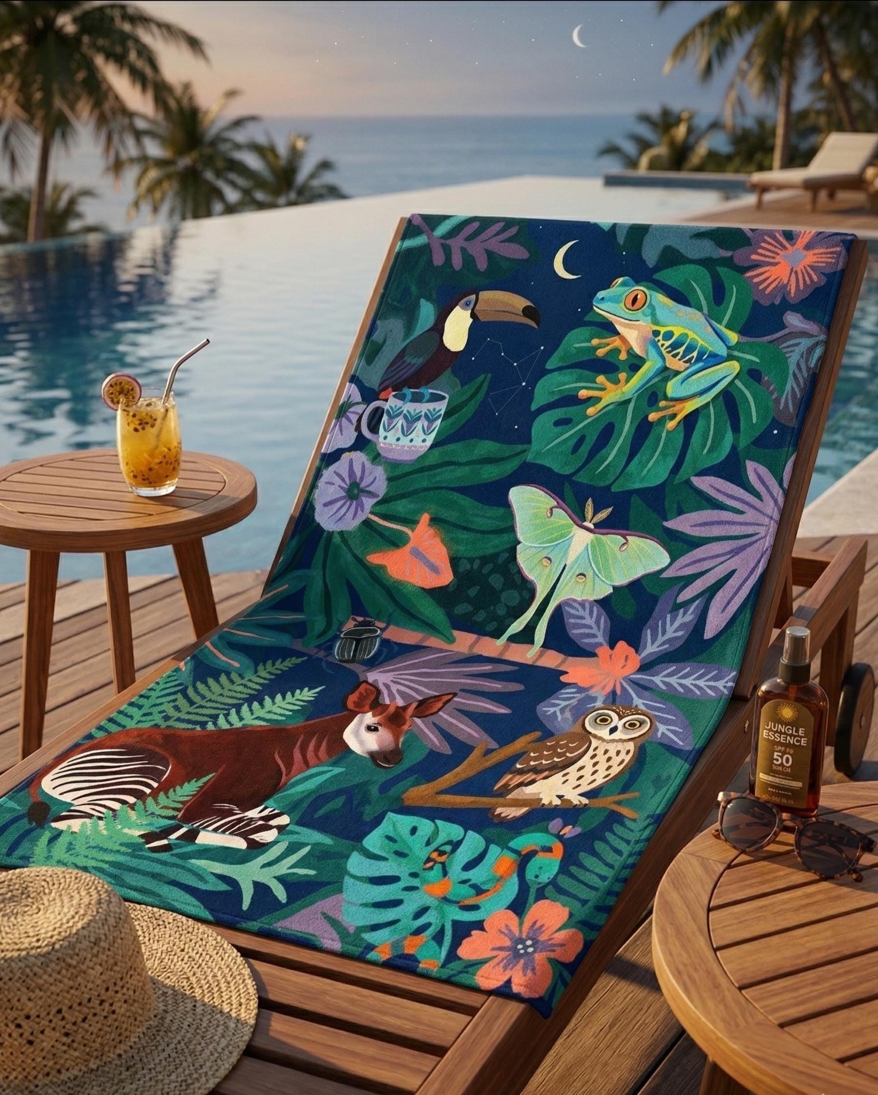 Night Jungle Animals Beach Towel | Tropical Frog Owl Toucan Moth
