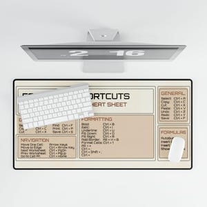 Puede incluir: Configuración de computadora con teclado, ratón y alfombrilla beige que muestra una hoja de trucos de atajos. El monitor muestra los números "2 16". La alfombrilla incluye atajos de formato, navegación y funciones generales.