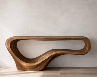 オーガニックな曲線を描く無垢材のコンソールテーブル - 手作りのウォールナットまたはオーク材の玄関テーブル - 彫刻的なモダンな玄関ソファテーブル