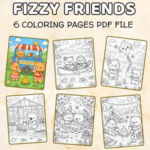 Könnte beinhalten: Eine PDF-Datei mit sechs Ausmalbildern mit Cartoon-Tieren in verschiedenen Außenszenen. Der Titel "Fizzy Friends" wird oben angezeigt, darunter der Text "6 Coloring Pages PDF File". Der untere Teil des Bildes enthält den Text "CalmColorFinds".