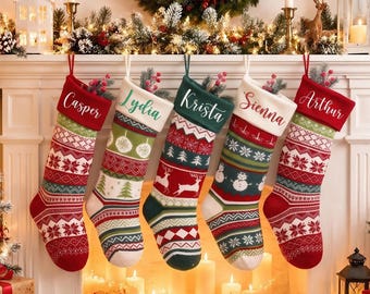 Personalized Knitted Christmas Stockings With Embroidery, Custom Name Holiday Stocking, Farmhouse Mantel Decor, Family Keepsake Xmas Gift